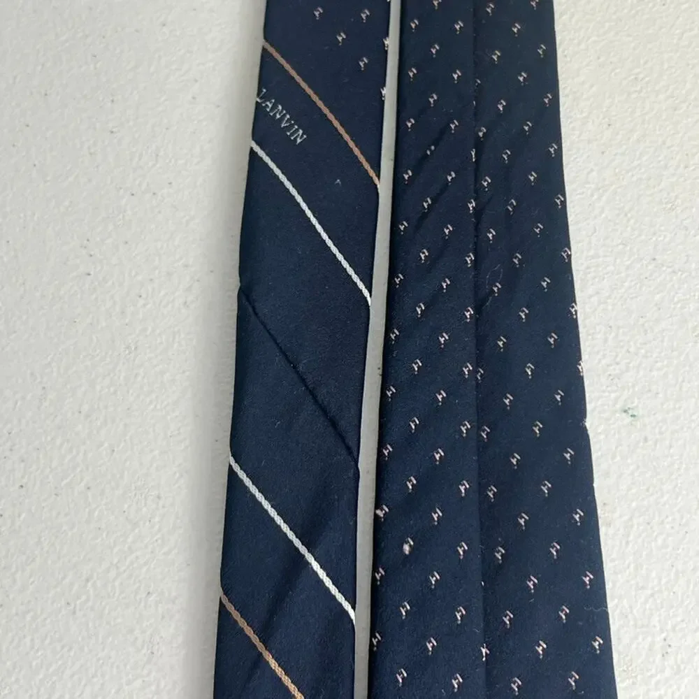 Lanvin Paris Necktie Men's Navy Blue Striped Pin Dot Logo